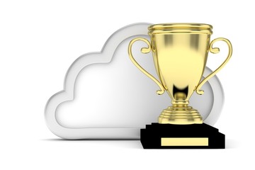 Isoalted golden cup with cloud on white background. Concept of cloud storage competition. Leader cloud drive. Best storage contest. 3D rendering.