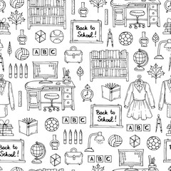 Fototapeta premium Vector seamless pattern with hand drawn symbols of school and university on white color
