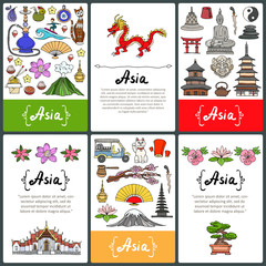 Vector set of prepared colored cards with hand drawn symbols of Asian countries