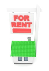 Isolated model of house with for sale sign on white background. Good investment in real estate. Buy new apartment. 3D rendering.