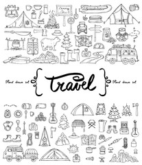 Fototapeta premium Vector set with hand drawn isolated doodles on the theme of tourism