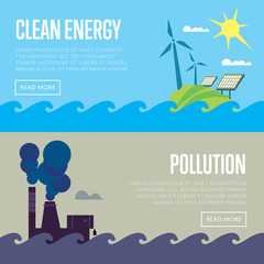 Clean energy and air pollution vector illustration set. Pollution by smoke coming out of factory chimneys. Solar panels and wind turbines under blue sky. Traditional and alternative sources