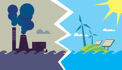 Vector illustration of evolution from industrial pollution to clean energy. Greening of the world banner. Traditional and alternative natural electricity resources. Development green technology