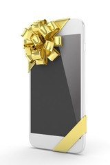 White phone with golden bow. 3D rendering.