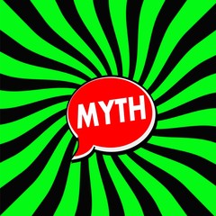 MYTH Red Speech bubbles white wording on Striped sun Green-Black background