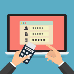 Human hand hold token generator with key for log on the system on computer laptop password protected. Vector illustration computer security with two factor authentication concept.