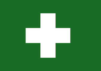 Obraz premium Vector of Japanese cultural flag of industrial health white cross on green background. Vector illustration flag design.