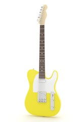 Obraz premium Isolated yellow electric guitar on white background. Musical instrument for rock, blues, metal songs. 3D rendering.