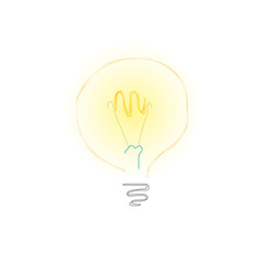 Yellow Bulb on White Background, Lit Light Bulb, Idea Concept, Vector Illustration