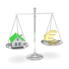 Isolated silver scales with golden euro and house on white background. Investment or savings concept. Real estate and currency. 3D rendering.