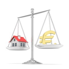 Isolated silver scales with golden euro and house on white background. Investment or savings concept. Real estate and currency. 3D rendering.