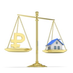 Isolated golden scales with golden rouble and house on white background. Investment or savings concept. Real estate and currency. 3D rendering.