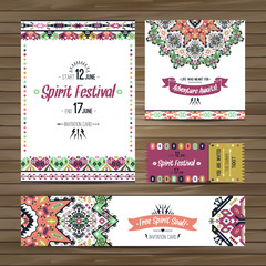 Naklejka premium Set of geometric boho colorful flyers. Vector decorative ethnic greeting card or invitation design background