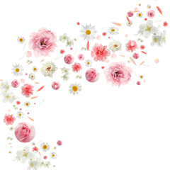 Obraz premium Latające pąki kwiatowe i płatki na białym tle