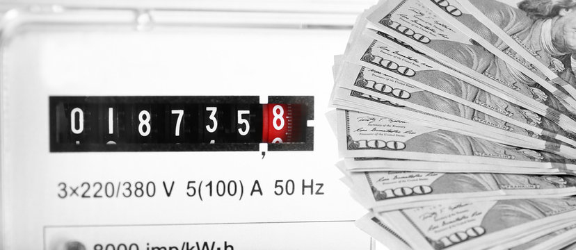 American dollars and electric meter display background.