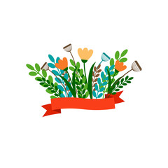 Floral decorative bouqet with ribbon. Vector illustration