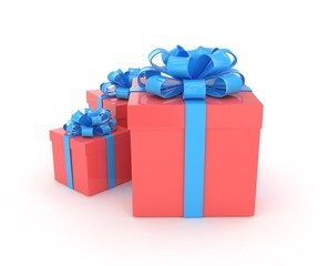 three gift boxes with bows isolated on white. 3d rendering.