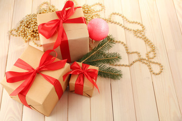 Gift boxes on wooden background