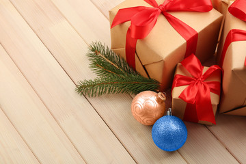 Gift boxes on wooden background
