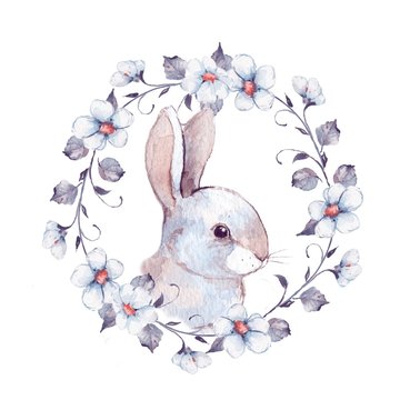 White rabbit and floral wreath 2. Watercolor painting