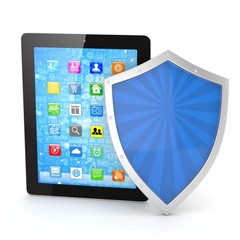 Tablet PC and shield on white device security concept. 3d rendering.