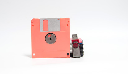 Old floppy disk put on white background,soft focus.