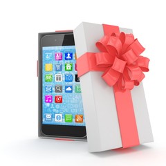 Smartphone in gift box. Isolated on white background. 3d rendering.