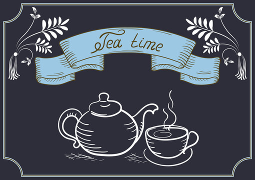 Design signboard for cafe with ribbon and tea cup with kettle