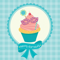 Cupcake fantasy design decoration with ribbon for happy birthday card.Illustration vector in cyan green tartan background colors.