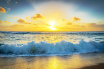 Fototapeta na wymiar Golden sunset and a crashing wave
