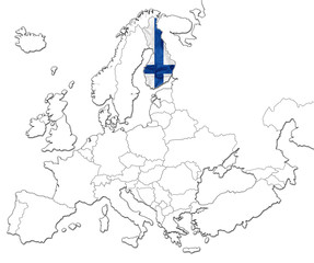 The national Finland flag in the map of Europe isolated on white background.