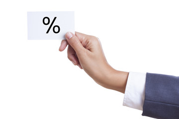 Businessman hand showing someone his business card with percent, percentage, interest. 