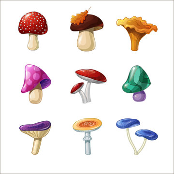 Set of beautiful cute cartoon coloured mushrooms