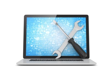 3D Illustration Wrench and screwdriver on laptop, service concept