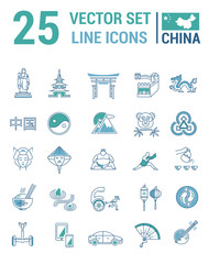 Set vector line icons in flat design with  China elements