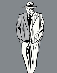 sketch broad-shouldered man in a suit and  hat on his head retro style
