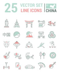 Fototapeta na wymiar Set vector line icons in flat design with China elements