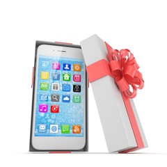 Smartphone in gift box. Isolated on white background. 3d rendering.