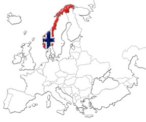 The national Norway flag in the map of Europe isolated on white background.