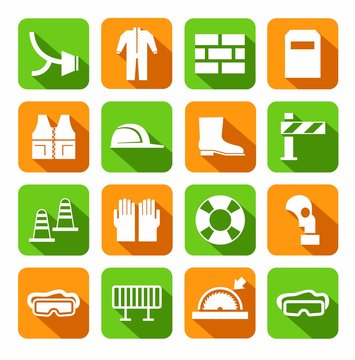 Occupational safety, personal safety, icons, colored, flat. Vector icons with protective clothing and items of human security. White image on green and orange background with shadow.  