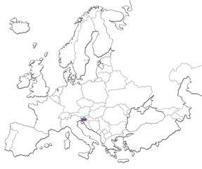 The national Slovenia flag in the map of Europe isolated on white background.