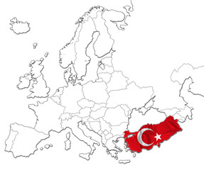 The national Turkey flag in the map of Europe isolated on white background.
