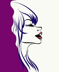 sketch in the lines of the girl's face white and purple background