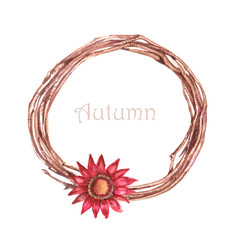 Hand-drawn watercolor autumn wreath with red colorful flower on it. Isolated on the white background