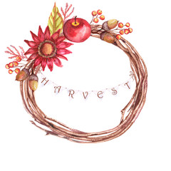 Hand-drawn watercolor autumn wreath with different elements: flower, apple, berries and leaves. Isolated on the white background