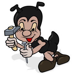 Ant Holding Hammer and Nail - Colored Cartoon Illustration, Vector