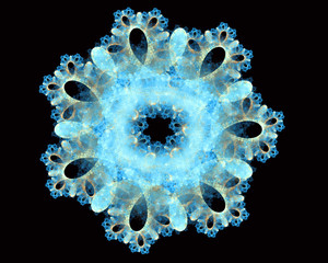 Abstract fractal design. Blue snowflake on black.