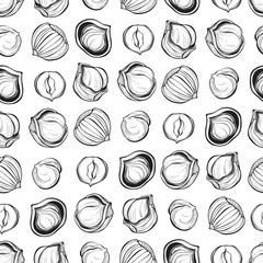 Hazelnuts. Seamless vector pattern. Outline hand drawn illustration