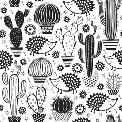 Hedgehogs & cactus. Seamless vector pattern. Stylish black-and-white illustration