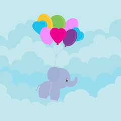 Flight cute elephant on balloons